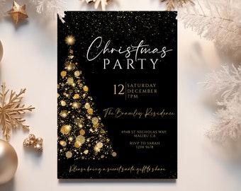 May include: Black and gold Christmas party invitation featuring a sparkling gold Christmas tree design. The invitation includes the date, time, and location of the party, and requests guests to bring a secret Santa gift.