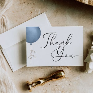 Blauwe en gouden ballonnen dank u kaartsjabloon, afdrukbare dank u kaart, moderne minimalistische dank u kaart, jongen baby shower dank u, J1