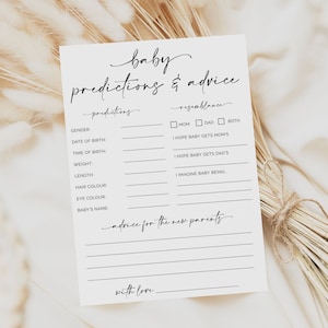 Carte de prédictions et de conseils pour bébé, jeu de baby shower minimaliste imprimable, baby shower DIY, téléchargement instantané, conseils et souhaits pour bébé, Q1