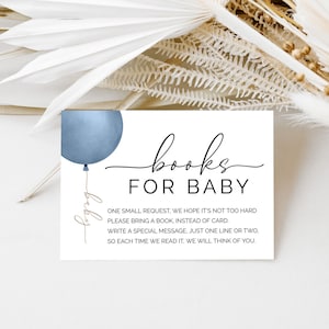 Ballons bleus et or livres pour carte de bébé, hors-texte de demande de livre, livre bébé garçon pour bébé, baby shower minimaliste moderne, J1
