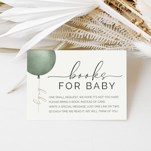 Salbei-Grün und Goldballons Bücher für Babykarte, Buchanfrage beifügen, geschlechtsneutrales Buch für Baby, moderne minimalistische Babyparty, H1