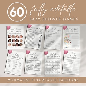 Pink and Gold Balloon Baby Shower Games, Baby Girl Baby Shower Games, DIY, Editable Template, Modern Minimalist Baby Shower, I1