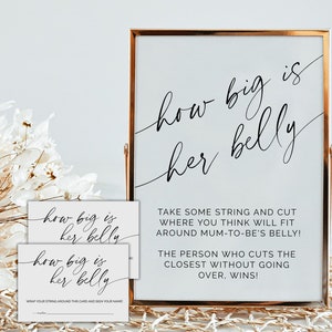 Minimalistisch hoe groot is mama's buik spelkaart en teken, hoe groot is haar buik, hoe groot is mama's buik, baby shower spel afdrukbaar, B1