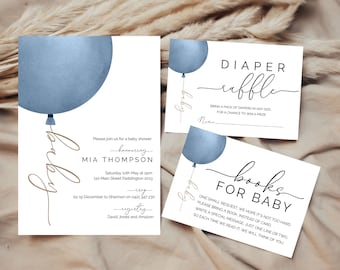 Blue and Gold Balloon Baby Shower Invitation Bundle, Boy Baby Shower Invite Set, Editable Template