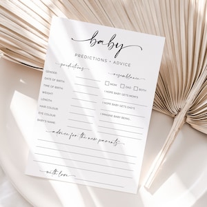 Carte de prédictions et de conseils pour bébé, carte de souhaits pour bébé, conseils de bébé pour les parents, jeu de baby shower minimaliste imprimable, baby shower modifiable