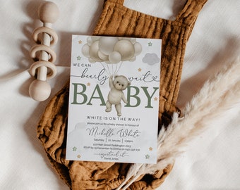 Sage Green Bear Baby Shower Invitation: Editable Template (N1)