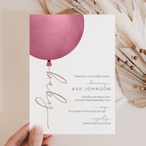 Invitation à la baby shower de ballons roses et dorés, invitation à la baby shower de fille, baby shower minimaliste moderne, modèle modifiable pour le brunch de bébé, I1