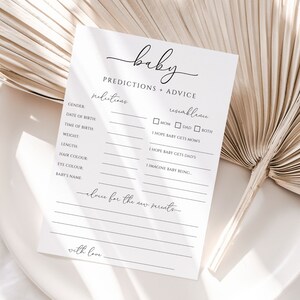 Minimalistische babyvoorspellingskaart, babyshowerspellen, advies en wensen voor ouders, babyvoorspellingen en advies, wensen voor babysjabloon
