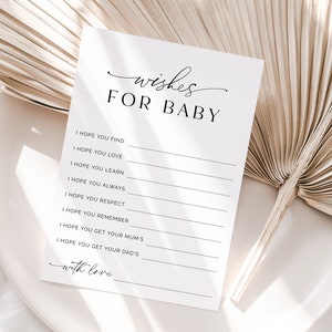 Plantilla de deseos para bebé, deseos para bebé imprimible, tarjeta de bebé de buenos deseos, juegos minimalistas de baby shower, predicciones de bebé editables, B1