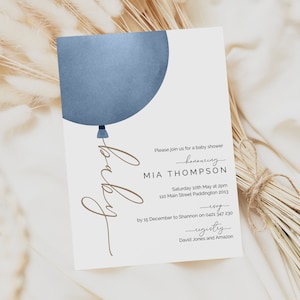 Blue and Gold Balloon Baby Shower Invite, Boy Shower Invitation, Modern Minimalist Baby Shower, Baby Brunch Editable Template, J1