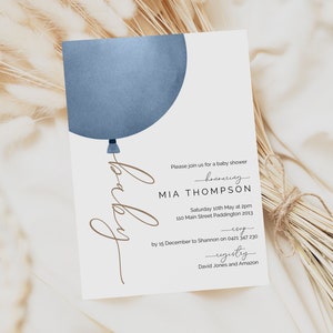 Blue and Gold Balloon Baby Shower Invite, Boy Shower Invitation, Modern Minimalist Baby Shower, Baby Brunch Editable Template, J1