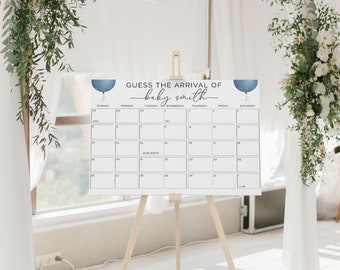 Könnte beinhalten: Ein weißes, druckbares Babyparty-Spielschild mit einem blauen Kalender und dem Text "Erraten Sie die Ankunft von Baby Smith".