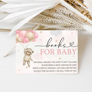 Can Bearly Wait Books For Baby Card, Book Request Insert, Girl Baby Shower Book For Baby, Bear and Pink Balloons, Baby&#39;s Library, O1