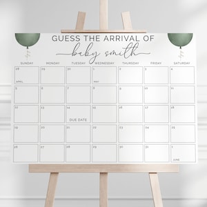 Salbei grün und Gold Ballon Baby Fälligkeit Datum Kalender Spiel, Errate den Geburtstag des Babys, Baby Shower Baby Voraussage, Fälligkeitsdatum Spiel, H1