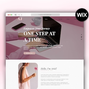 May include: A website design for life coaches, with a pink and white color scheme. The text reads "Empower Your Journey, One Step at a Time." The Wix logo is in the upper right corner. The words "Easy to Edit" are on the left side.