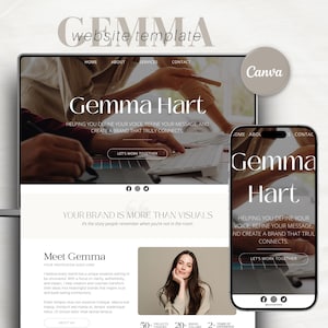 Könnte beinhalten: Ein Website-Template-Design, das auf einem Laptop und Smartphone angezeigt wird. Das Design zeigt den Namen "Gemma Hart" in einer stilvollen Schriftart, mit dem Slogan "Helping you define your voice, refine your message, and create a brand that truly connects."