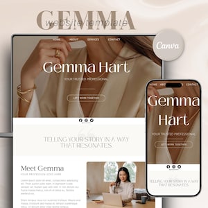Pode incluir: Um modelo de site exibido em um laptop e smartphone. O site apresenta o nome "Gemma Hart" e o slogan "Your Trusted Professional". O design é minimalista com uma paleta de cores neutras e o texto "Telling your story in a way that resonates."