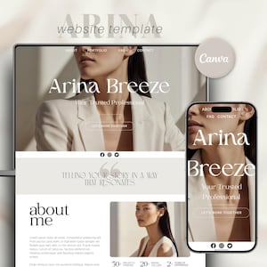 Può includere: Un design di modello di sito web visualizzato su un laptop e uno smartphone. Il design presenta il nome "Arina Breeze" con lo slogan "Your Trusted Professional". Il design include il testo "website template" e il logo Canva.