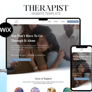 Könnte beinhalten: Eine Website-Vorlage für Therapeuten, die auf einem Laptop und einem Smartphone angezeigt wird. Der Laptop zeigt den Text "You Don't Have To Go Through It Alone". Das Smartphone spiegelt das Website-Layout wider. Das Wix-Logo ist sichtbar.