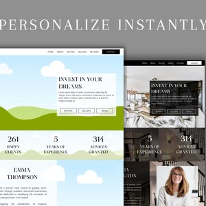 May include: Two website mockups for a real estate agent. The first mockup features a green and blue landscape with clouds. The second mockup features a photo of a living room and a woman with glasses. Both mockups feature the text "Invest in your dreams".