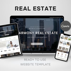 May include: A website template for real estate businesses, featuring a laptop, tablet and phone displaying a website design with the text "Harmony Real Estate" and images of cityscapes. The template is ready to use and includes a Canva logo.