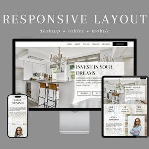 May include: A website mockup showing a responsive layout for desktop, tablet, and mobile devices. The website is for a real estate agent named Emma Thompson. The website features a white and gray color scheme with a modern design. The website's tagline is "Invest in Your Dreams".