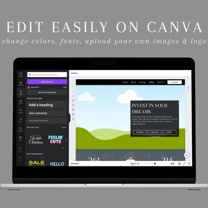 May include: A screenshot of a Canva design template on a laptop screen. The template is for a website with a black background and green hills. The text "INVEST IN YOUR DREAMS" is displayed in white text on a black rectangle. The text "Buyers", "Sellers", and "News" are displayed on three buttons. The template is customizable with different colors, fonts, and images.