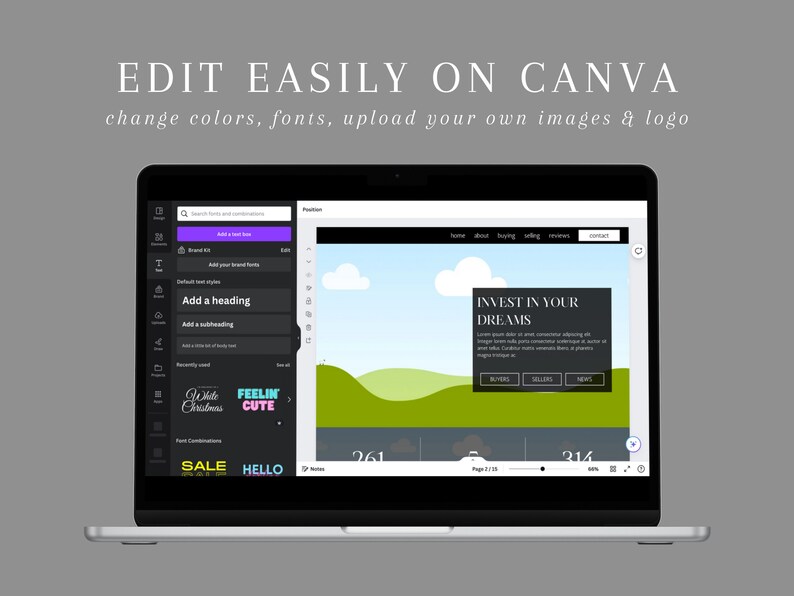 May include: A screenshot of a Canva design template on a laptop screen. The template is for a website with a black background and green hills. The text "INVEST IN YOUR DREAMS" is displayed in white text on a black rectangle. The text "Buyers", "Sellers", and "News" are displayed on three buttons. The template is customizable with different colors, fonts, and images.