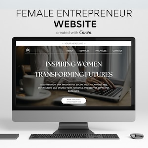 May include: A computer screen displaying a website for a female entrepreneur. The website features a black and white design with the text "Inspiring Women Transforming Futures". The website also includes a call to action to book a first appointment.