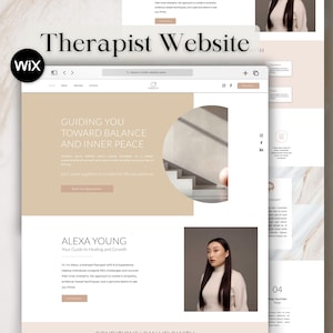 May include: A website for a therapist named Alexa Young. The website features a light brown background with a white text overlay. The text reads "Therapist Website", "Guiding You Toward Balance and Inner Peace", and "Alexa Young - Your Guide to Healing and Growth".