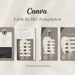 May include: Four Canva Link In Bio Templates with a neutral colour scheme. Each template features a silhouette of a person, a circular profile picture, and buttons for "About Me", "Portfolio", "Pricing", and "Contact Me".