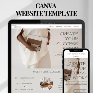 Könnte beinhalten: Eine Website-Vorlage für einen Lebenscoach, die eine Frau zeigt, die einen Laptop hält, und den Text "Erschaffe deine Erfolgsgeschichte". Die Vorlage enthält Abschnitte für "Über uns", "Dienstleistungen", "Pakete" und "Kontakt".