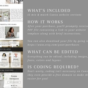 May include: A digital marketing guide for real estate agents. The guide includes 15 mix and match Canva website sections, instructions on how to use the template, and information about editing the template. The guide also includes client reviews and a call to action to book a consultation.