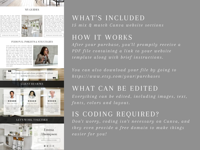 May include: A digital marketing guide for real estate agents. The guide includes 15 mix and match Canva website sections, instructions on how to use the template, and information about editing the template. The guide also includes client reviews and a call to action to book a consultation.