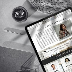 May include: A black and white image of a tablet screen displaying a website for a real estate company. The website features a quote about real estate being about making dreams a reality. The website also includes client reviews with five-star ratings.