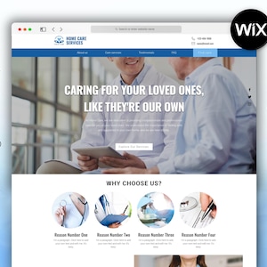 Op de afbeelding: Homepage van een website voor een thuiszorgdienst. De website toont een foto van twee mensen, waarvan één een verzorger is, en de tekst "Zorg voor uw dierbaren, alsof ze onze eigen zijn". De website bevat ook een sectie met de titel "Waarom voor ons kiezen?" met vier genoemde redenen.