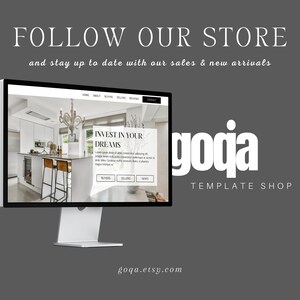 May include: A computer screen displaying a website with the text "Invest in your dreams" and a photo of a modern kitchen. The website is for a template shop called "goqa".