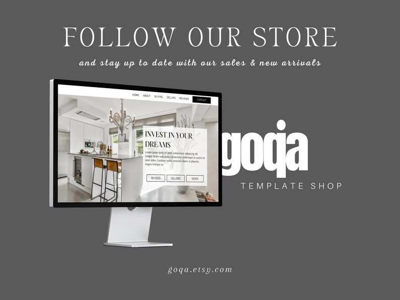 May include: A computer screen displaying a website with the text "Invest in your dreams" and a photo of a modern kitchen. The website is for a template shop called "goqa".