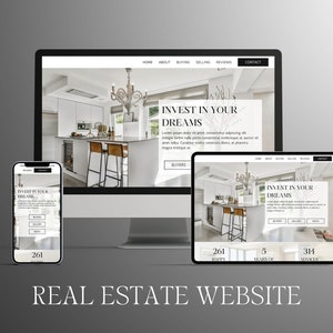 Może przedstawiać: Projekt strony internetowej dla firmy zajmującej się nieruchomościami. Strona jest wyświetlana na komputerze stacjonarnym, tablecie i smartfonie. Strona ma nowoczesny design z białym tłem i czarnym tekstem. Nagłówek strony brzmi "Zainwestuj w swoje marzenia". Strona zawiera również zdjęcie nowoczesnej kuchni z dużym żyrandolem.