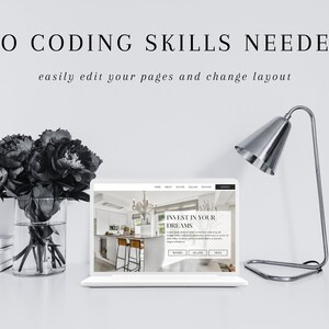 May include: A laptop computer displaying a website with the text "INVEST IN YOUR DREAMS". The website is for a real estate company and features a photo of a modern kitchen. The text "NO CODING SKILLS NEEDED" is displayed above the laptop, along with the text "easily edit your pages and change layout".