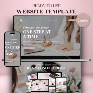 Op de afbeelding: Een website-sjabloon ontworpen voor lifecoaches, met een roze en witte kleurschema met de tekst "Empower Your Journey One Step At A Time". De sjabloon bevat een call-to-action om "Join My Online Course" te bezoeken.