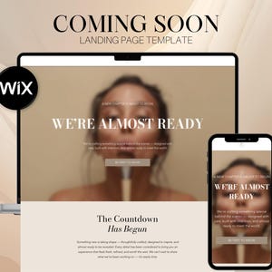 May include: A website landing page template on a laptop and smartphone, with the Wix logo. The text "COMING SOON" and "WE'RE ALMOST READY" are displayed. The background is a soft beige color.