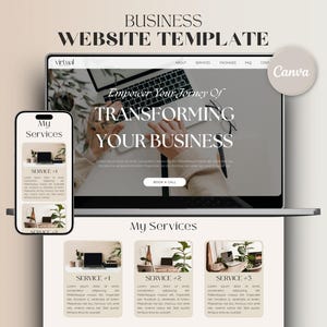 以下が含まれることがあります： ビジネスウェブサイトテンプレートのデジタルモックアップ。ラップトップとスマートフォンに表示されています。ラップトップの画面には「Empower Your Journey Of Transforming Your Business」というテキストが表示されています。スマートフォンには「My Services」が表示されています。Canvaのロゴが見えます。