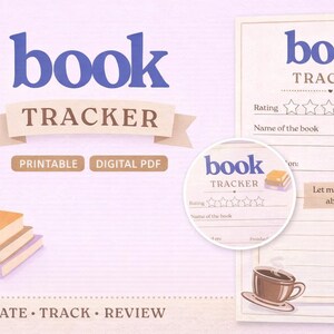 Op de afbeelding: Een afdrukbare en digitale PDF-boektracker met de titel "book TRACKER" in blauw. Het ontwerp bevat een stapel boeken, een kopje koffie, een bril en ruimte om boeken te beoordelen, te volgen en te beoordelen.