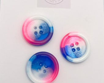Pack of 3 30mm handmade resin buttons in an neon Pink, Blue and white mix