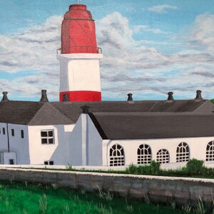 May include: A painting depicting a white lighthouse with a red roof and a black and white building attached to it. The building has a grey roof and several windows. The lighthouse is set against a blue sky with white clouds.