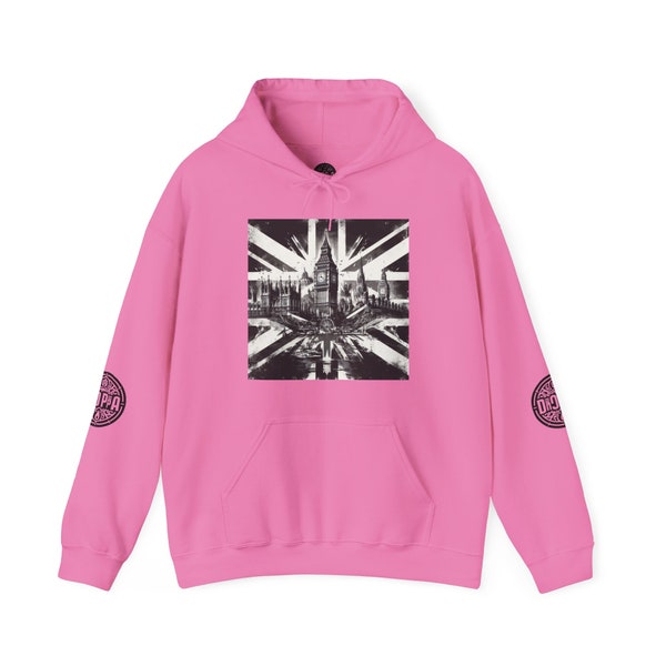 Dropa Arts hoodie, Union Jack, United Kingdom, flag design, Big Ben, Clocktower, cold weather, streetwear