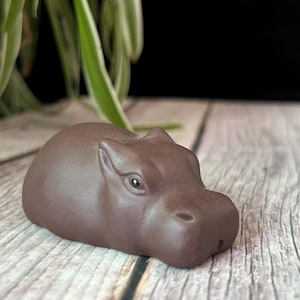 May include: A small, brown ceramic hippopotamus figurine. The figurine has a smooth texture and detailed features, including eyes, nostrils, and ears. The hippo is resting on a wooden surface.