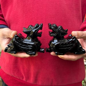 Puede incluir: Dos estatuas de dragón negras brillantes, cada una con la boca abierta y detalles. Las criaturas míticas se muestran sobre un fondo rojo, mostrando su intrincado diseño y acabado pulido. Estas estatuas son probablemente objetos decorativos.