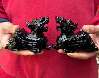 May include: Two glossy black dragon statues, each with an open mouth and detailed features. The mythical creatures are displayed against a red background, showcasing their intricate design and polished finish. These statues are likely decorative items.